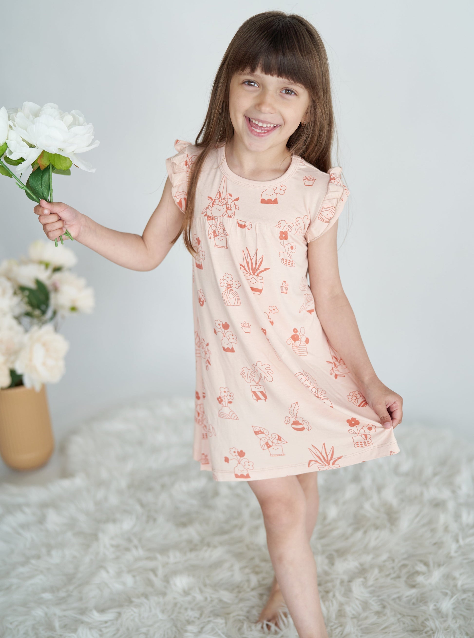 bamboo double sleeve ruffle dress plantastic print