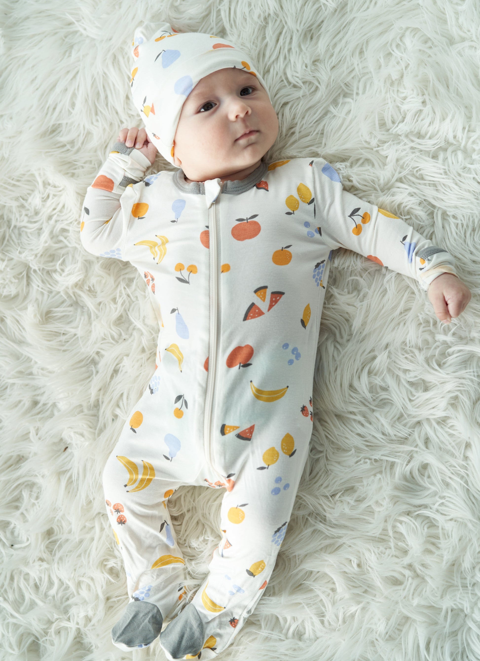 bamboo footies with two way zipper fruit salad print