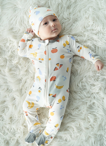bamboo footies with two way zipper fruit salad print