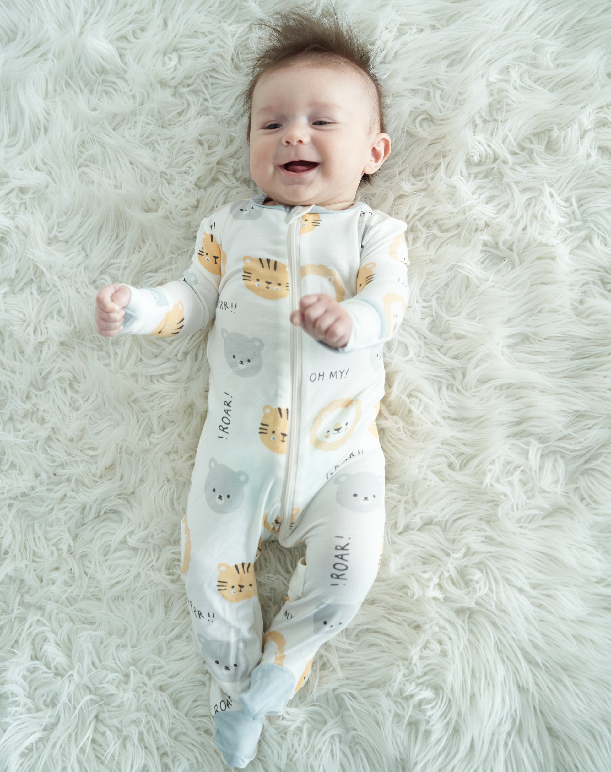 bamboo footies with two way zipper lion tiger bears print