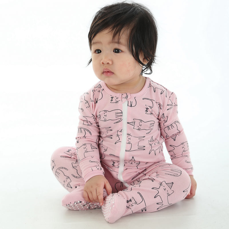 Bamboo Printed Footies with Easy Dressing Zipper - Cat Print (Blossom)