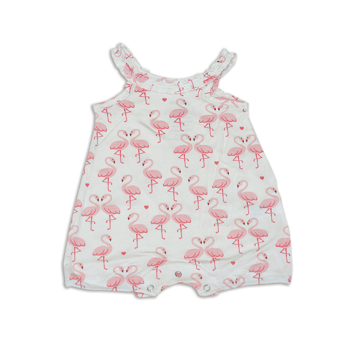 Bamboo Ruffle Romper Flamingo Love Print https silkberrybaby