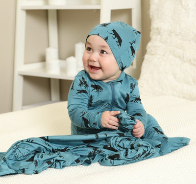 bamboo zip up footed sleeper, matching beanie and blanket