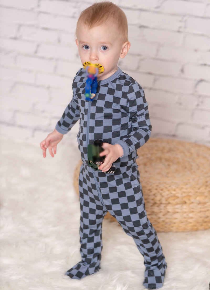 bamboo zip up footies check it out print
