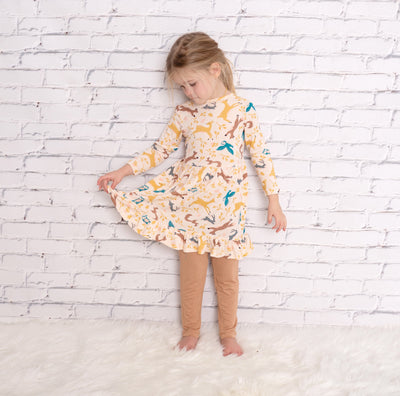 bamboo jersey dress with bloomer woodland frolic print lifestyle