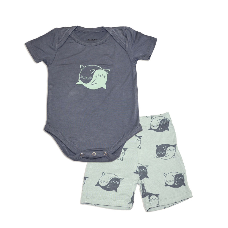bamboo onesie & short set yin yang seals print