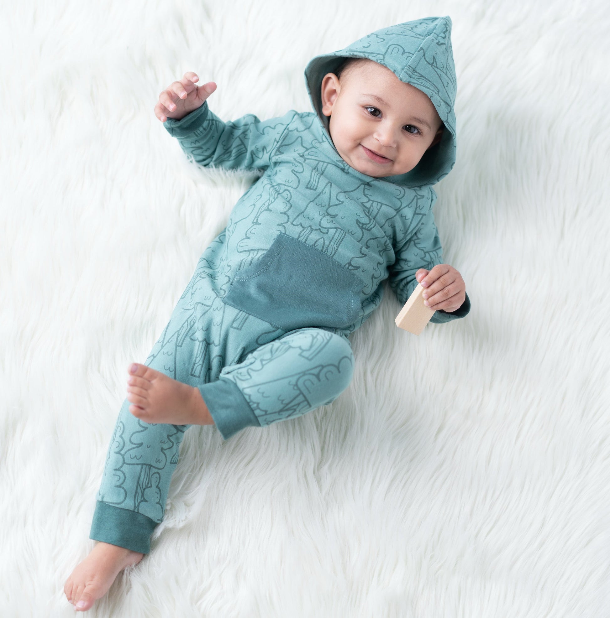 bamboo fleece hooded romper forest print