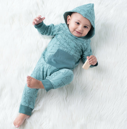 bamboo fleece hooded romper forest print