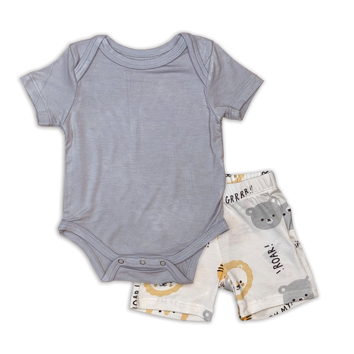bamboo short sleeve onesie & short set shadow lion tiger bears print