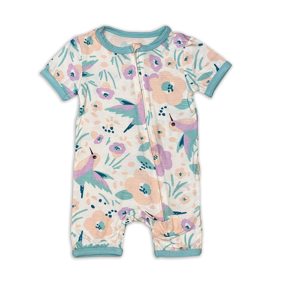 bamboo zippy romper hummingbird garden print