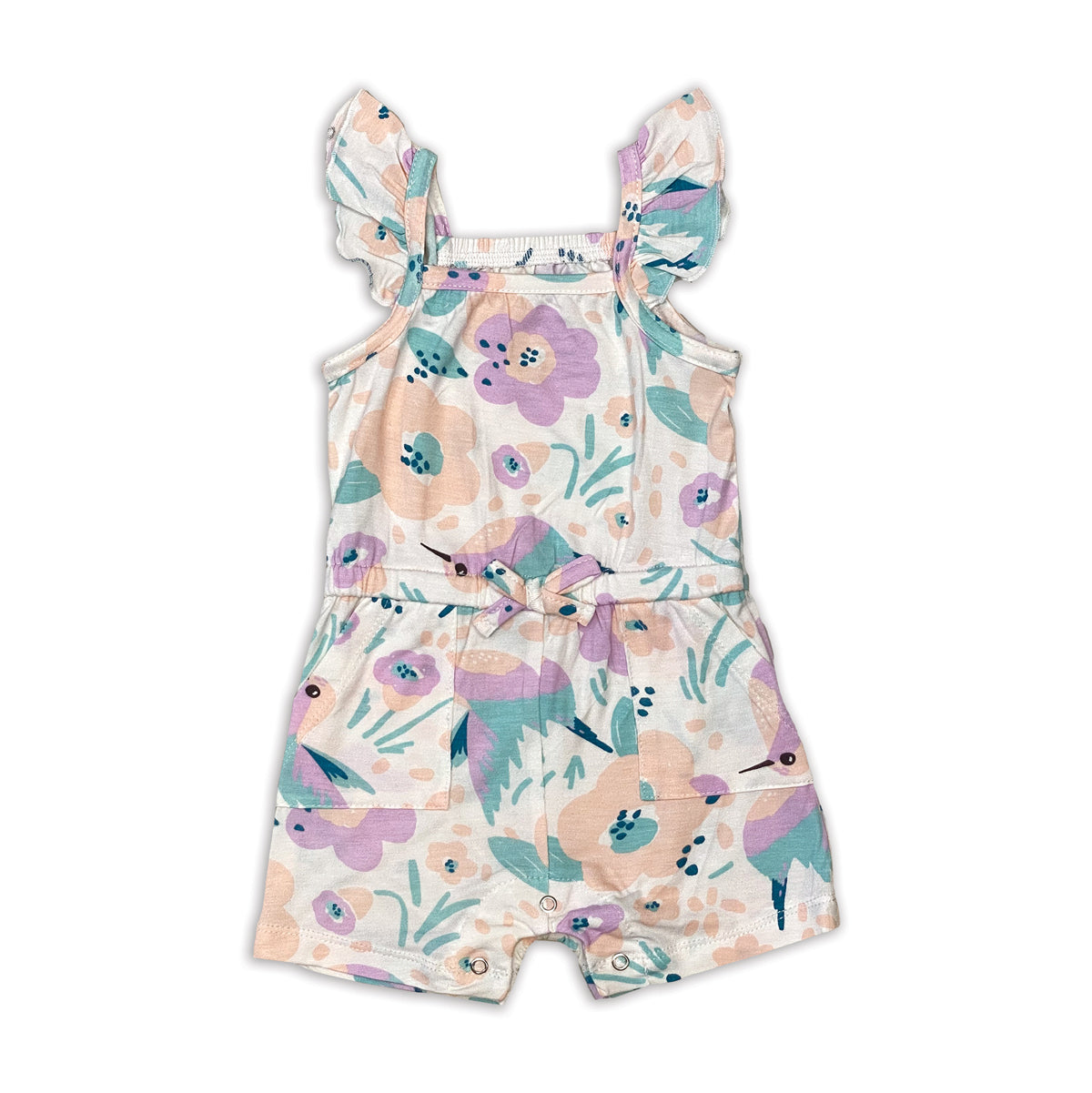 bamboo sleeveless ruffle romper hummingbird garden print